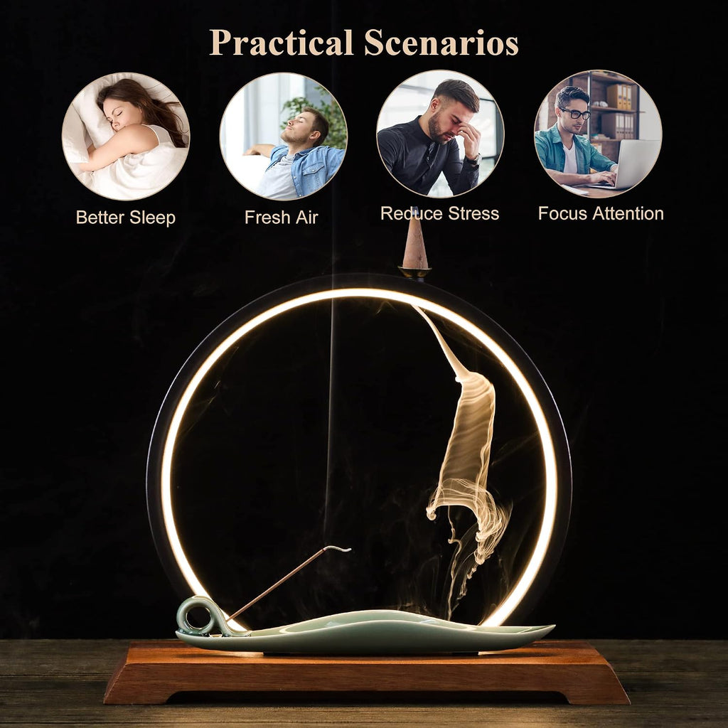 Backflow Incense Burner with LED Light Ring, Ceramic, Waterfall Design, Includes 1 Tweezer and 30 Incense Sticks