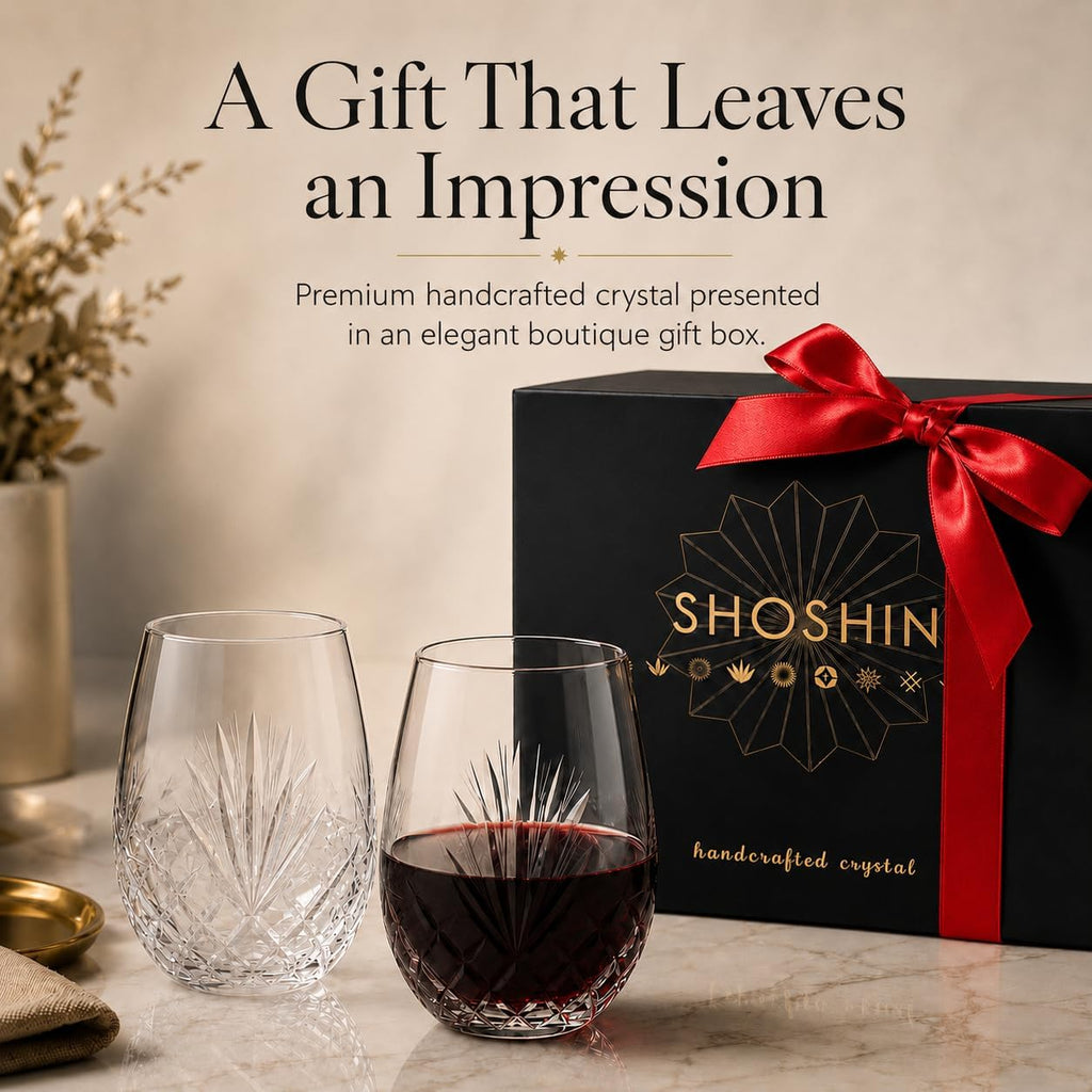 Hand Cut Stemless Wine Glass Set of 4, Large 18 oz Crystal Wine Glass, Wine Tumblers for Red and White Wine, Water