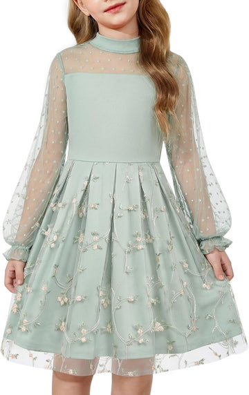 Girls Dresses Contrast Mesh Puff Long Sleeve Formal Party Dress