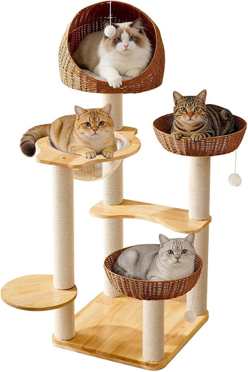 50in Solid Wood Cat Tree for Indoor Cats with Wicker Beds
