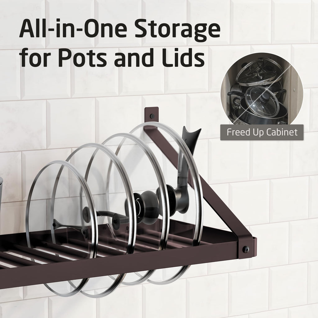 75lb High-Capacity Oil Bronze Pot Rack Wall Mounted with Pot Lid Holder