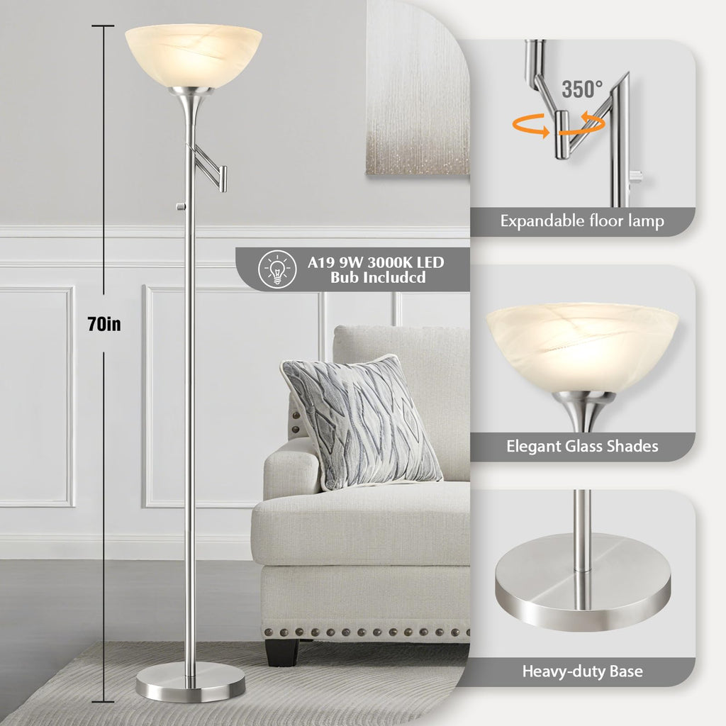 Floor Lamps Silver, 70" Tall Standing Lamp with Glass Shade