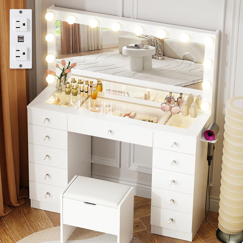 Vanity with Lighted Mirror - 46" Makeup Vanity Desk with Glass Top | Makeup Table with 11 Drawers, 3 Color Lighting