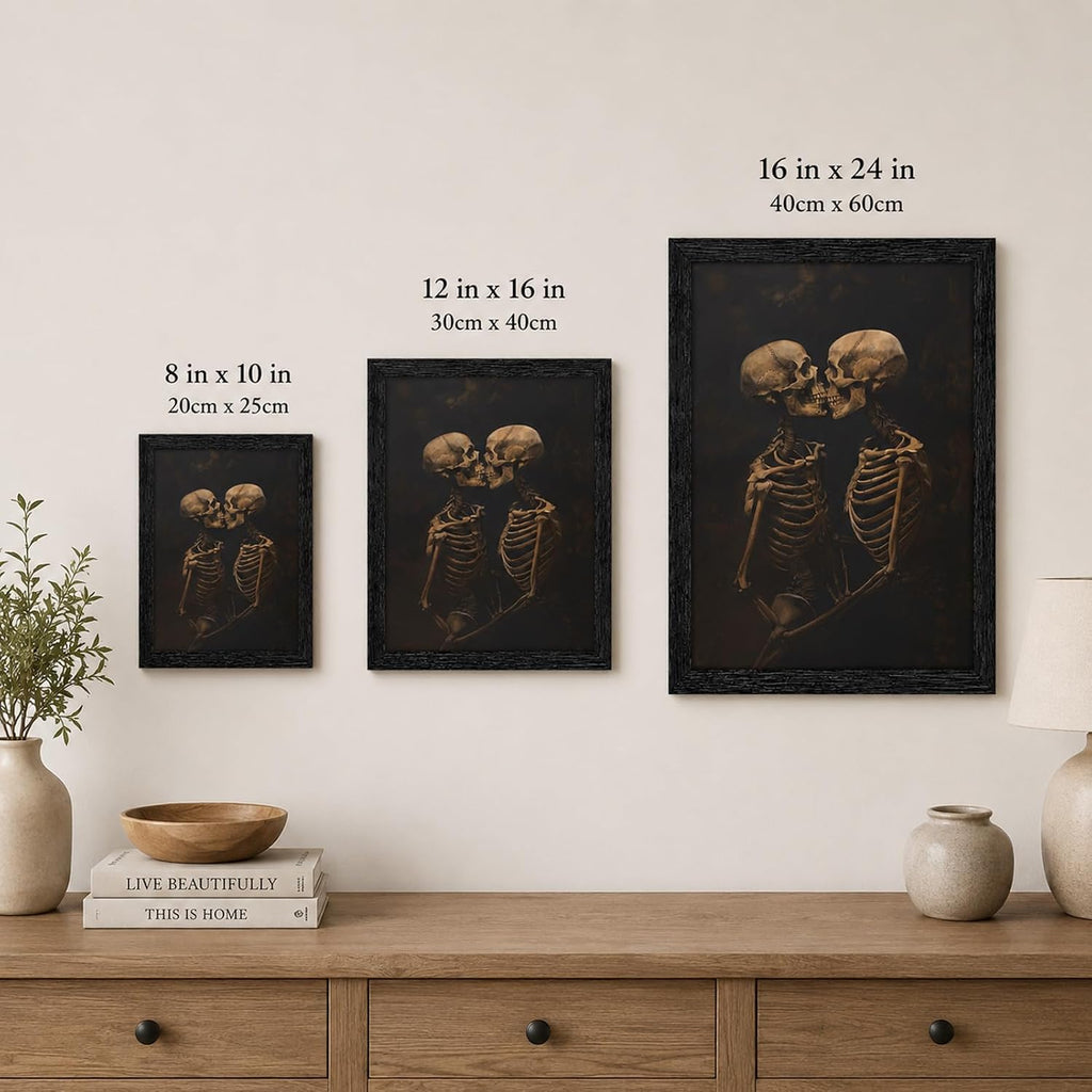 Framed Halloween Skeleton Lovers Wall Art Dark Romantic Kissing Skeletons Pictures Prints Horror and Eeriness Wall