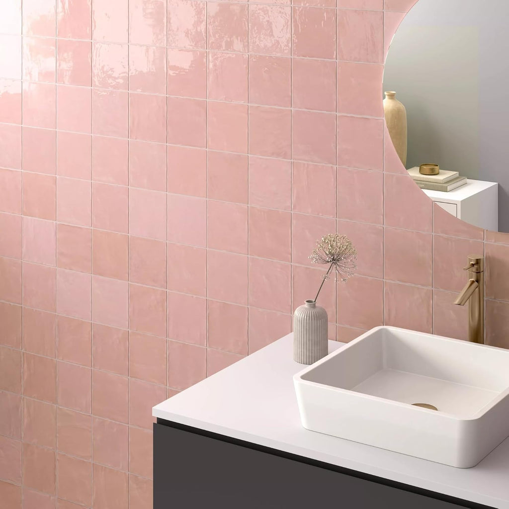 5x5 Glossy Pink Zellige Look Ceramic Wall Tile - Handmade Style Square Field Tile (4 Pieces)