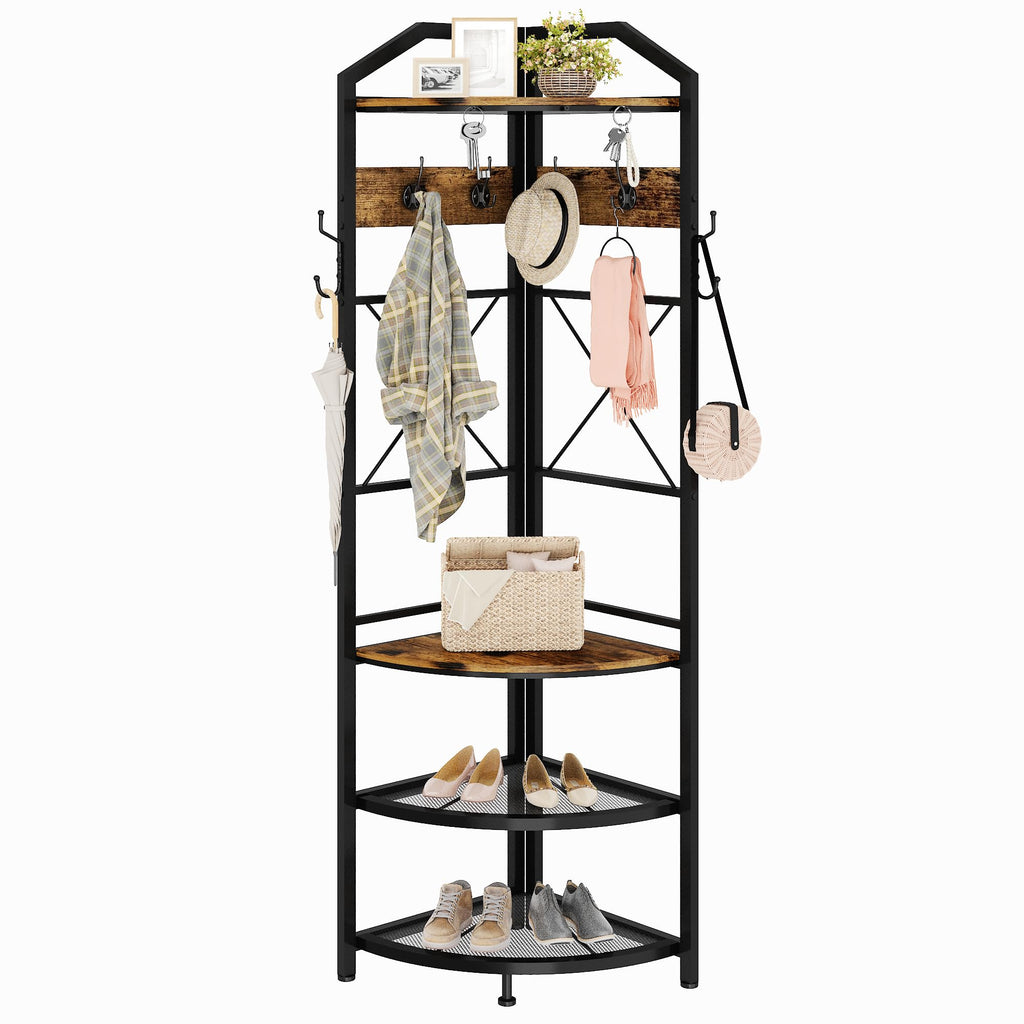 Corner Coat Rack with Storage, Entryway Hall Tree with Shoe Rack and Hooks, Freestanding Clothes Rack Corner Shelf