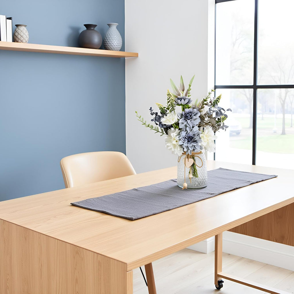 Artificial Flowers with Vase, Faux Dahlia Flower Arrangement in Glass Vase, Blue and White Silk Flowers