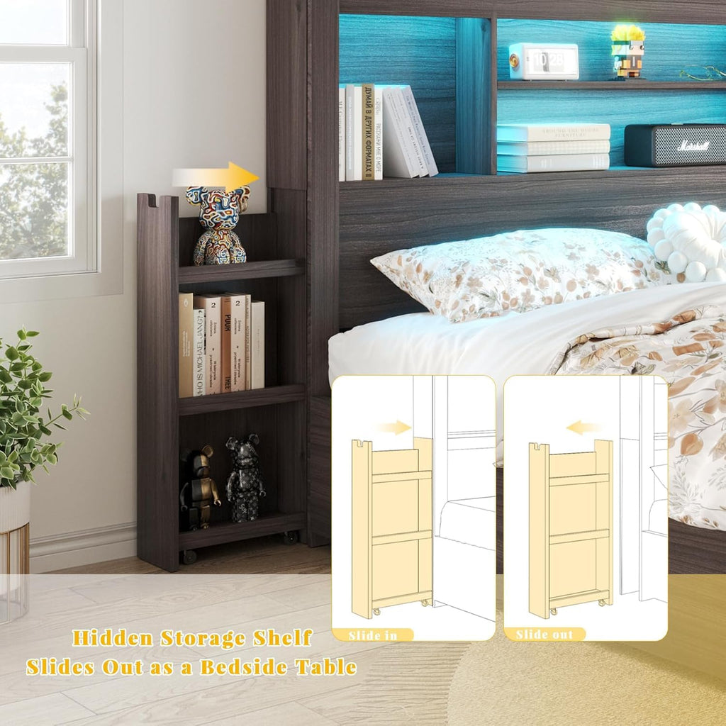 Bed Frame with Bookcase Headboard & Storage, Rustic, Black