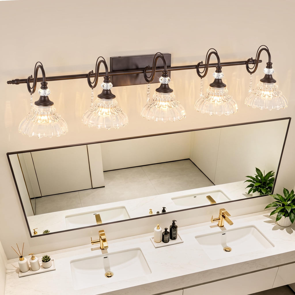 5-Light Oil Rubbed Bronze Vintage Bathroom Vanity Light w/Flower Shade