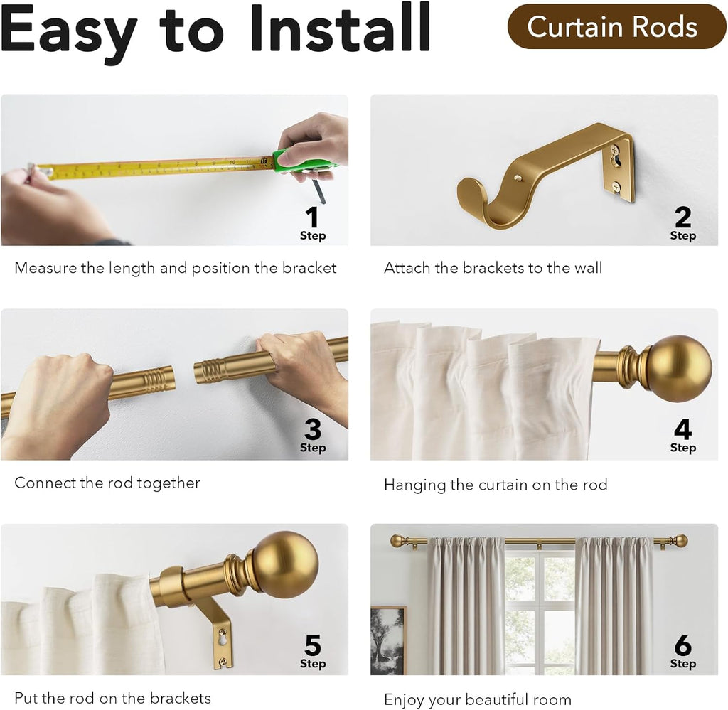 Brush Gold Curtain Rods for Windows 32 to 90 Inch, 1 Inch Brass Heavy Duty Curtain Rods Adjustable and Easy