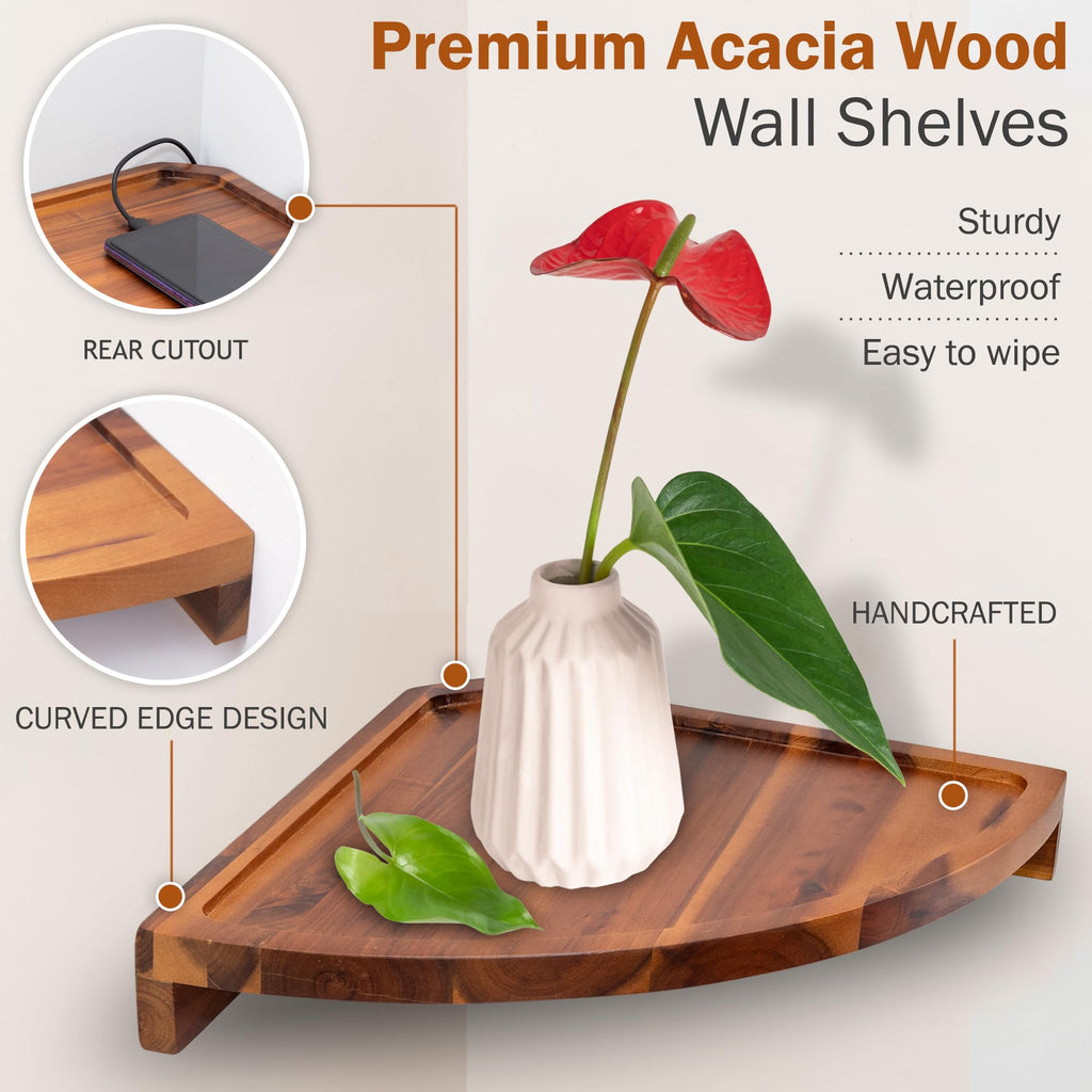 Round Floating Corner Shelves, Natural Acacia Wall Shelf, Set of 2