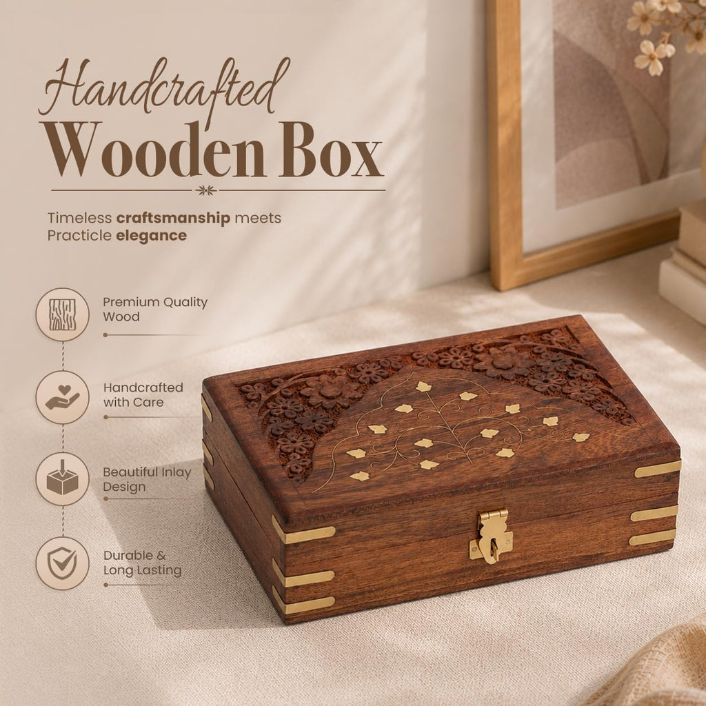Wooden Jewellery Box Brass Inlay Hand Carved Keepsake Chest 8x5