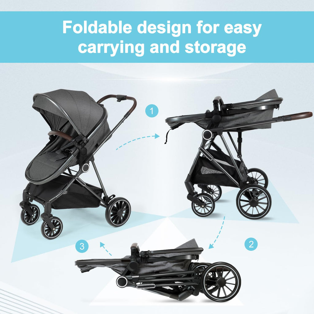 2 in 1 Baby Stroller,Folding High Landscape Infant Stroller,Reversible Pram, Convertible Pushchair for Infants