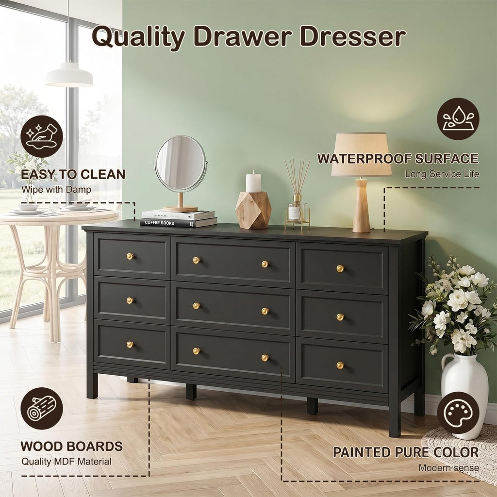 59" Black Dresser with 9 Drawer & Modern Gold Handles