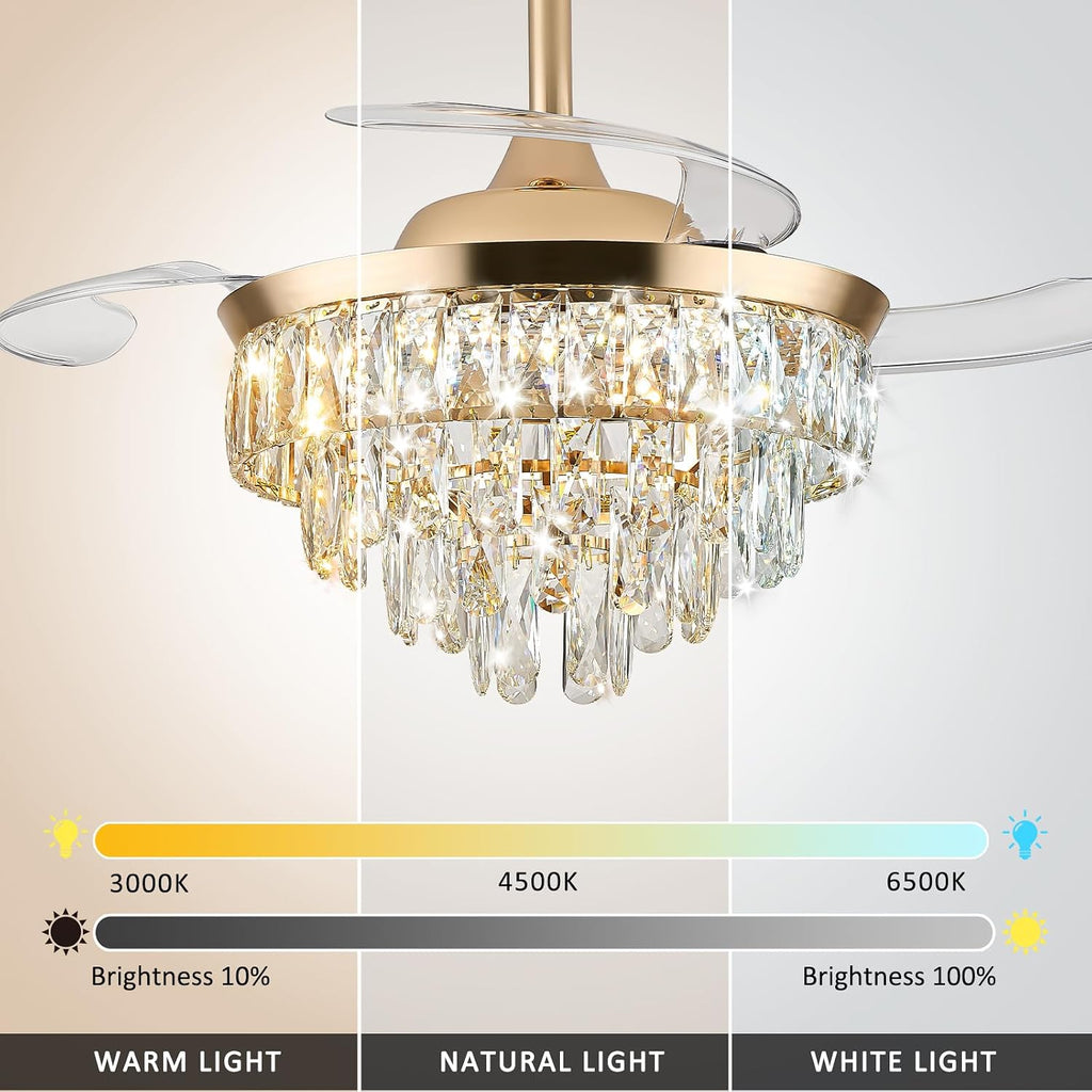 36" Crystal Ceiling Fan with Light, Retractable Fandelier with Remote/App