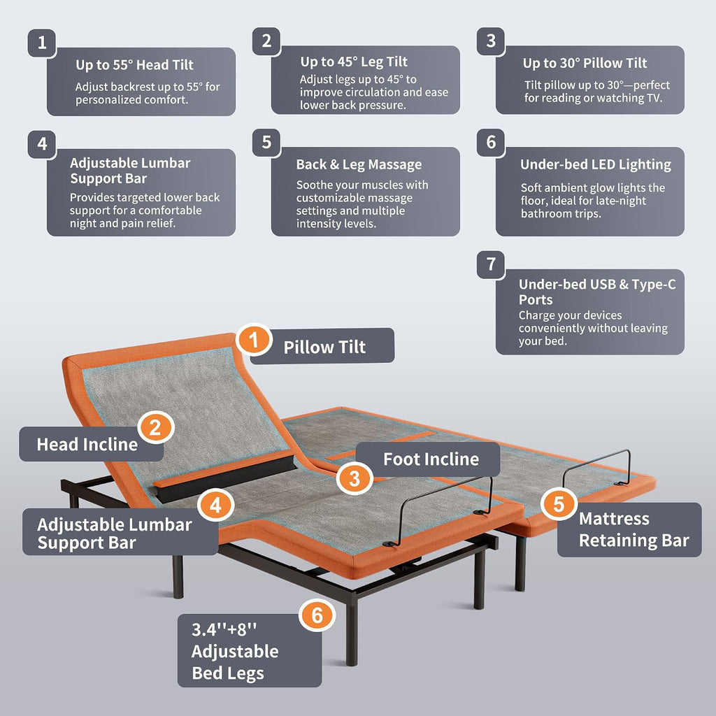 Split King Adjustable Bed Frame with Lumbar Support Smart App - Set of 27