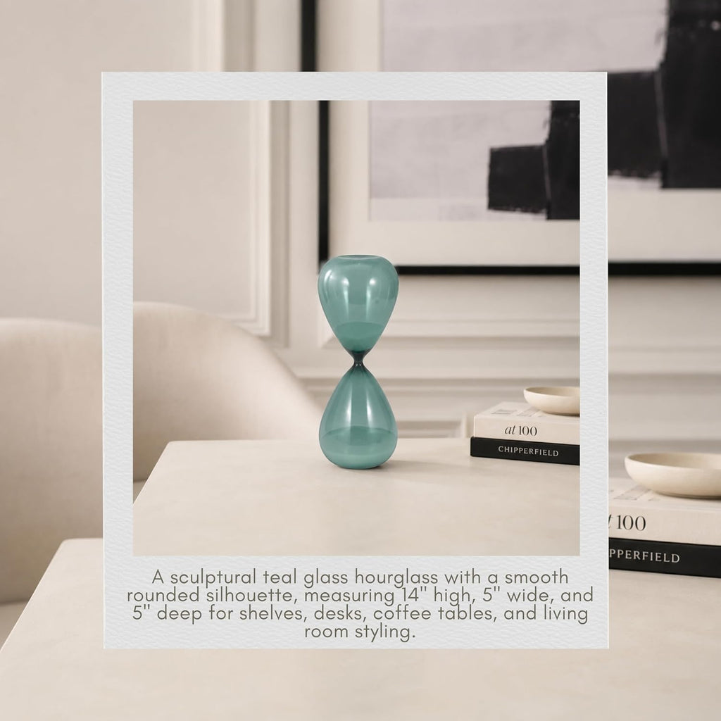 Bombara Teal Hourglass Decorative Object - Small Transparent Glass Sand Timer Modern Home Decor Accent - Shelf &