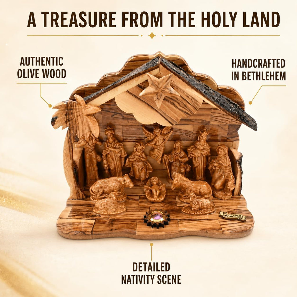Olive Wood Nativity Set with Music Box - Hand Carved in Bethlehem | Holy Land Christmas Manger Scene | Religious Gift