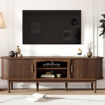 Mid Century TV Stand for TVs up to 65 Inches, Entertainment Center with Storage, Power Outlet, Fluted Sliding Doors &