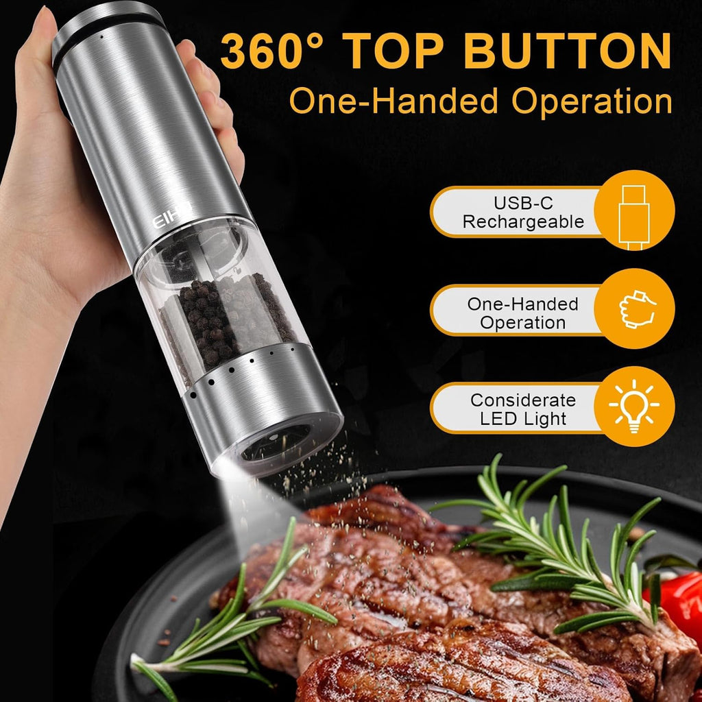Electric Salt and Pepper Grinder Set USB Rechargeable, Upgraded External Adjustable Coarseness, Stainless Steel