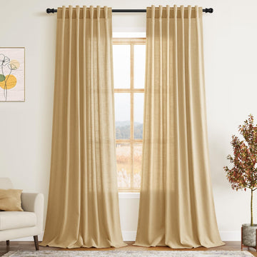 Gold Yellow Linen Curtains 102 Inches Long Rod Pocket Back Tab Drapes 2 Panels Set Sheer Light Filtering Semi Sheer