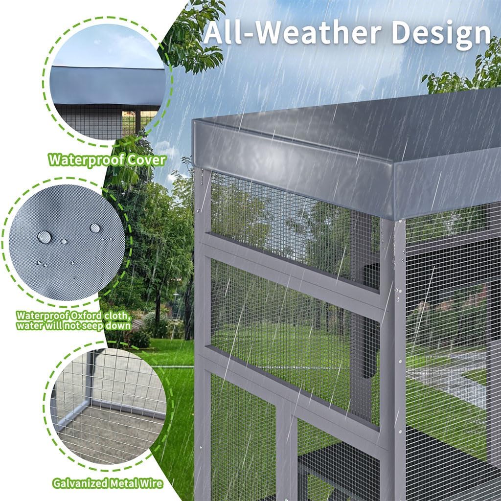 70.1" Large Catio Outdoor Cat Enclosure, Solid Wood Cat House with Waterproof Fabric Roof and 2 Napping House