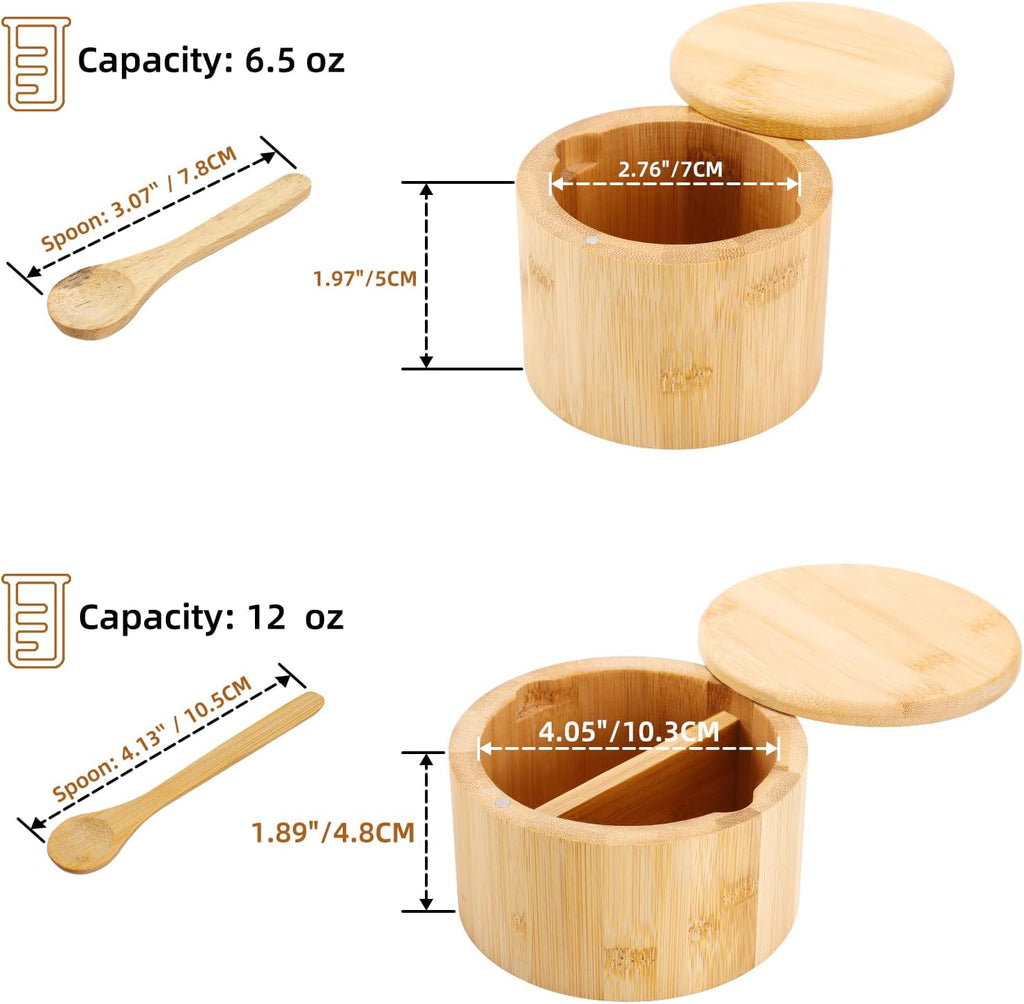 Natural bamboo Salt and Pepper Bowl, Bamboo Salt Cellar and Spices Storage Box With Built-in Spoon and Magnetic