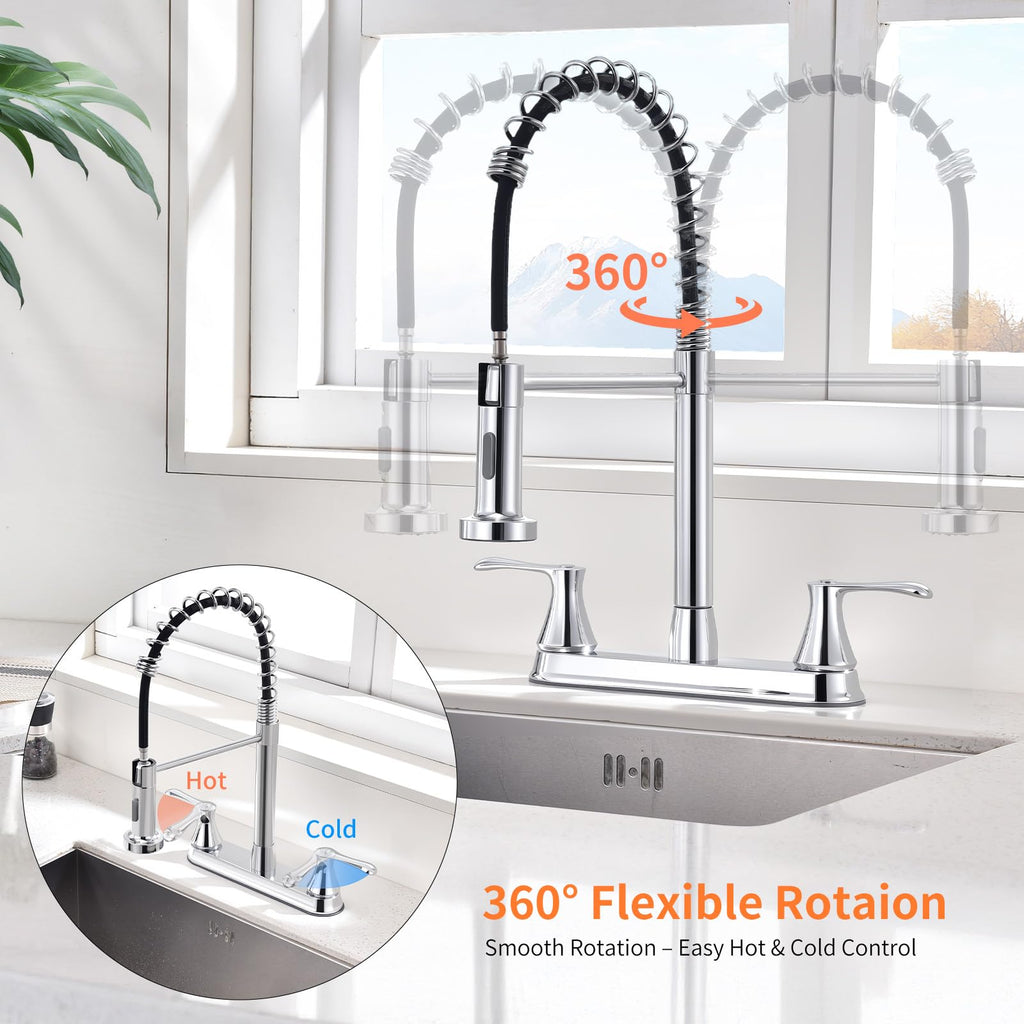 2 Handles Kitchen Faucet with Pull Down Sprayer for 3 Hole Sink, 360° Rotating Spout Commercial 2 Handle Stainless