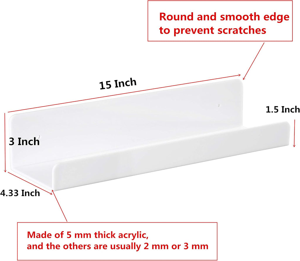 6 PCS White Acrylic Floating Shelves Display Ledge,Wall Mounted Nursery Kids Bookshelf,15 Inch Bathroom Wall Shelf