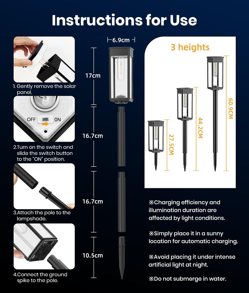 Solar Walkway Lights 12 Pack, Cool White, 3 Adjustable Heights, IP65