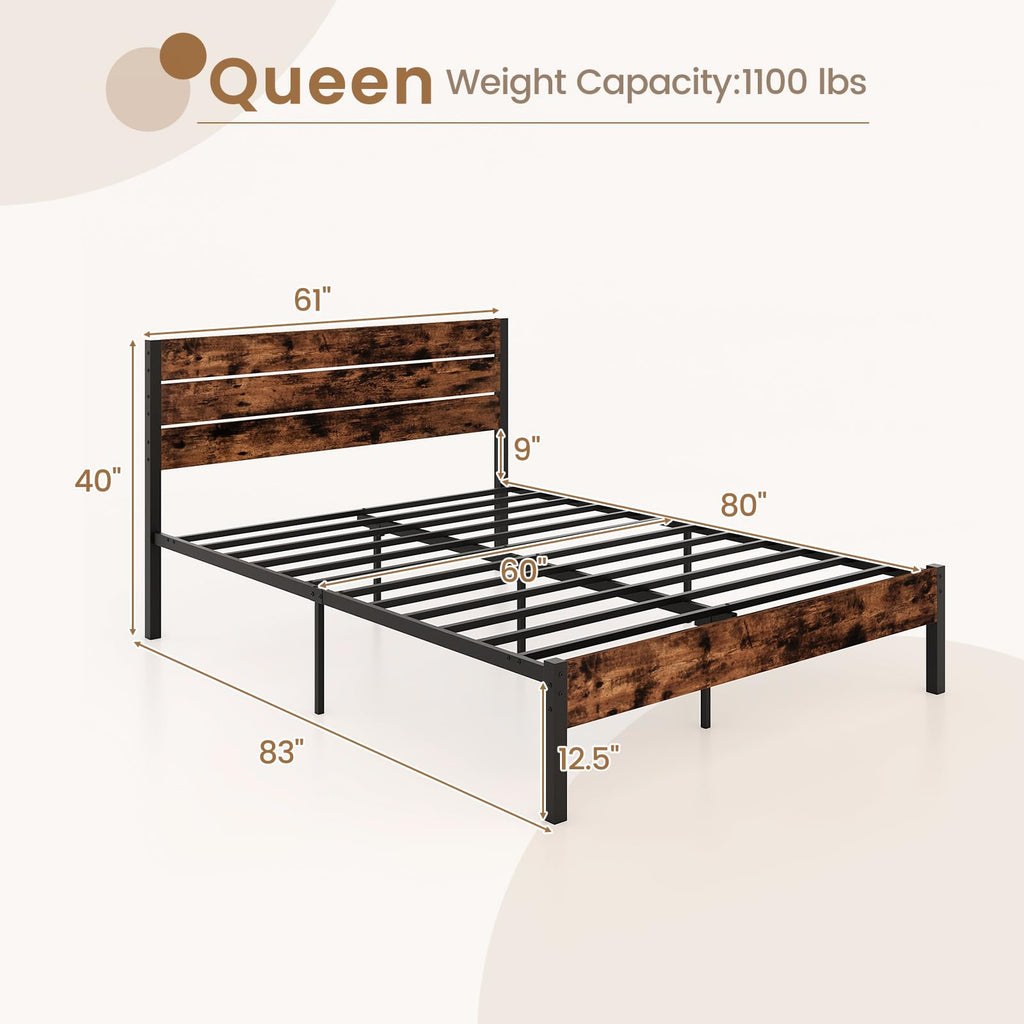 Bed Frame with Headboard, Metal Platform Bed with Under-Bed Storage Space & Slatted Headboard, Industrial