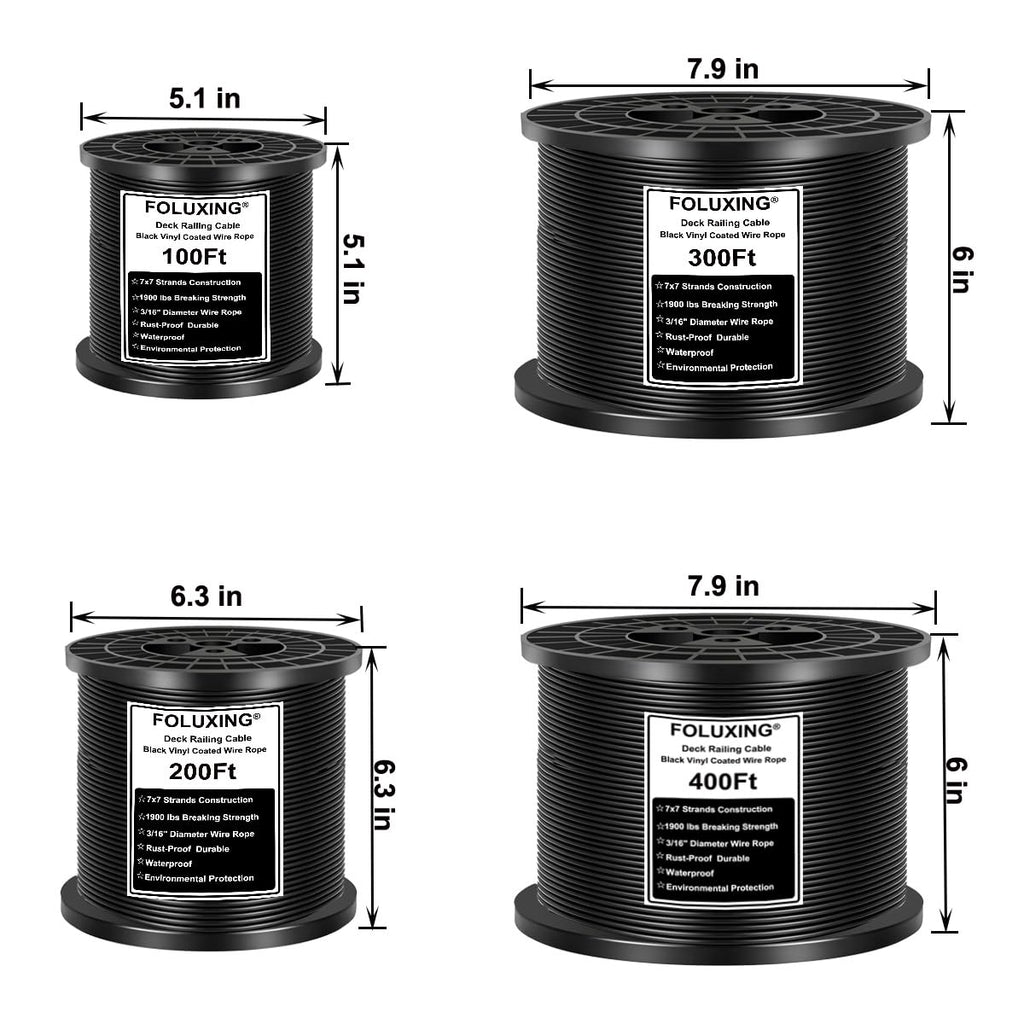 300FT 3/16" Black Vinyl Coated Wire Rope, Cable Railing System, Black Aircraft Cable for Indoor Outdoor Decking Stair