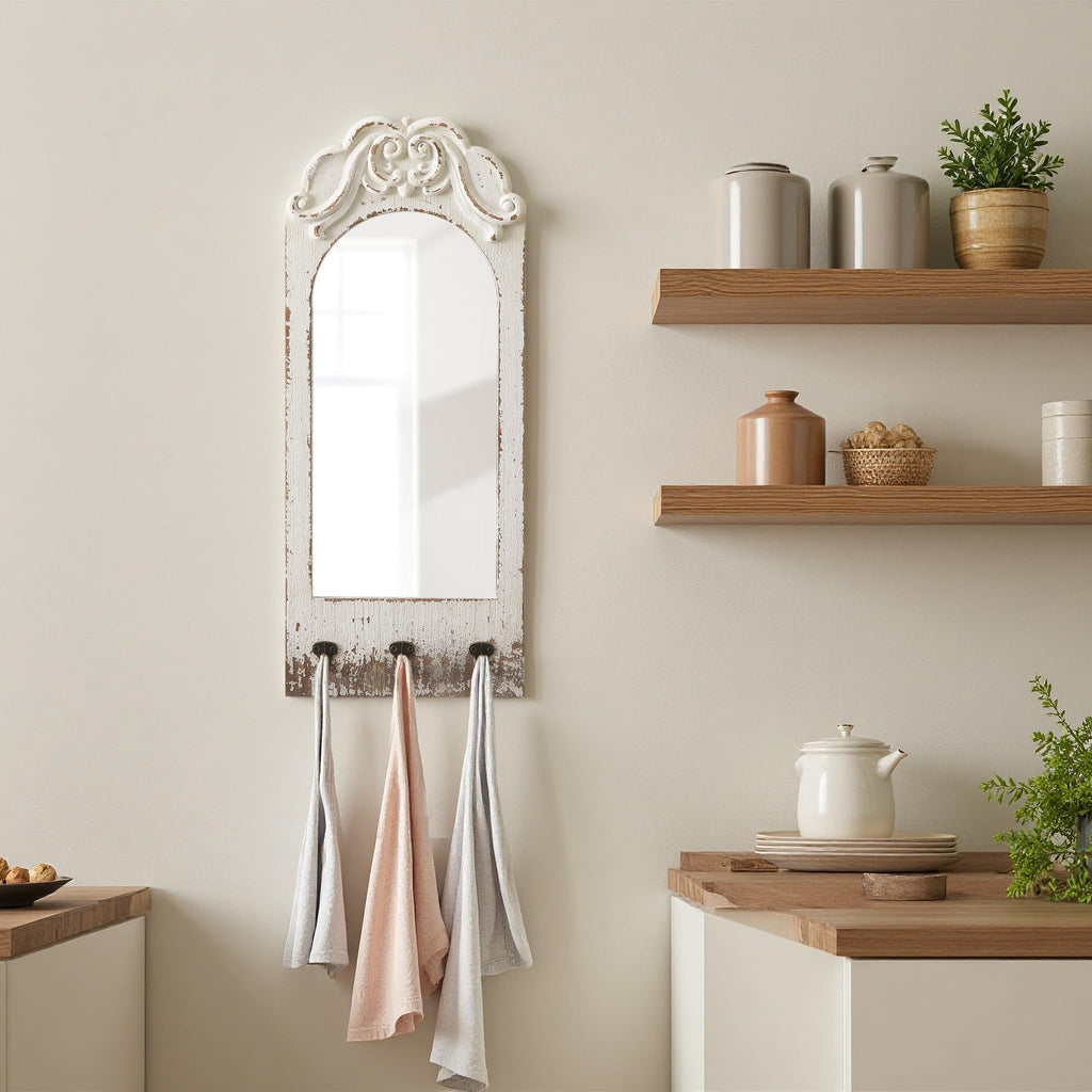 Farmhouse Entryway Mirror with 3 Hooks, 26 X 10 Inch