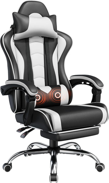 Gaming Chair with Footrest Massage Lumbar Pillow Black and White | Foam-padded PU leather racing seat and plush