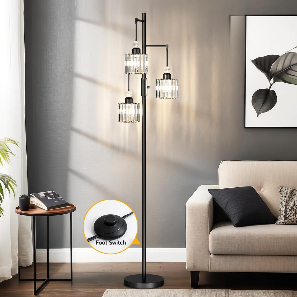 Black Tree Floor Lamp with 3 Crystal Cage Lampshades & Dimmable Bulbs - 70" Vintage Glam Standing Lamp Bedroom