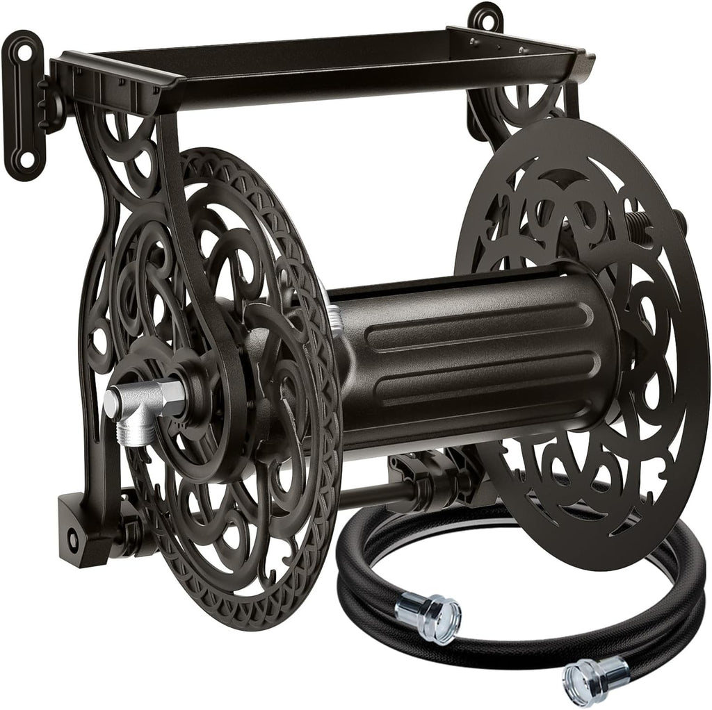 Metal Wall Mount Garden Hose Reel for Outside, Holds 125 ft x 5/8'' Hose Storage, Decorative Heavy Duty Water Hose