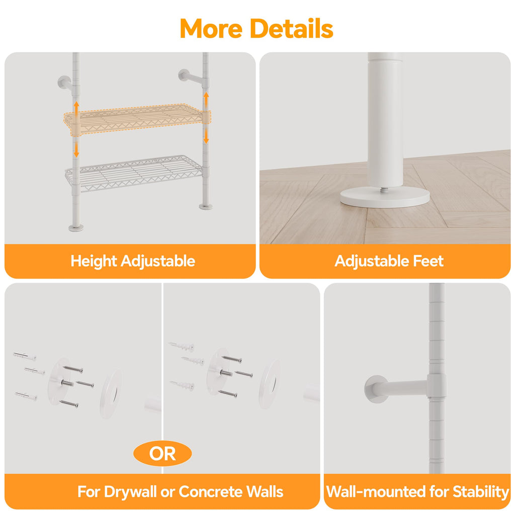W4 Wall Mounted Clothes Rack, Industrial Pipe Clothing Rack, White