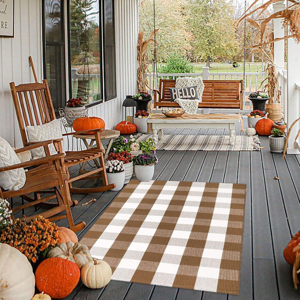 Fall Ourdoor Rug Farmhouse Brown and White Buffalo Check Rug Layered Welcome Door Mat for Front Porch Decor, Front