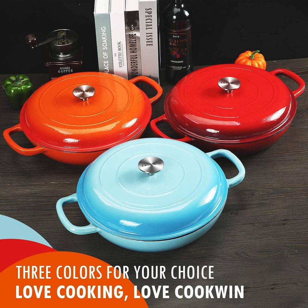 3.8 Quart Enameled Cast Iron Braiser Pan with Lid, Shallow Dutch Oven, Red