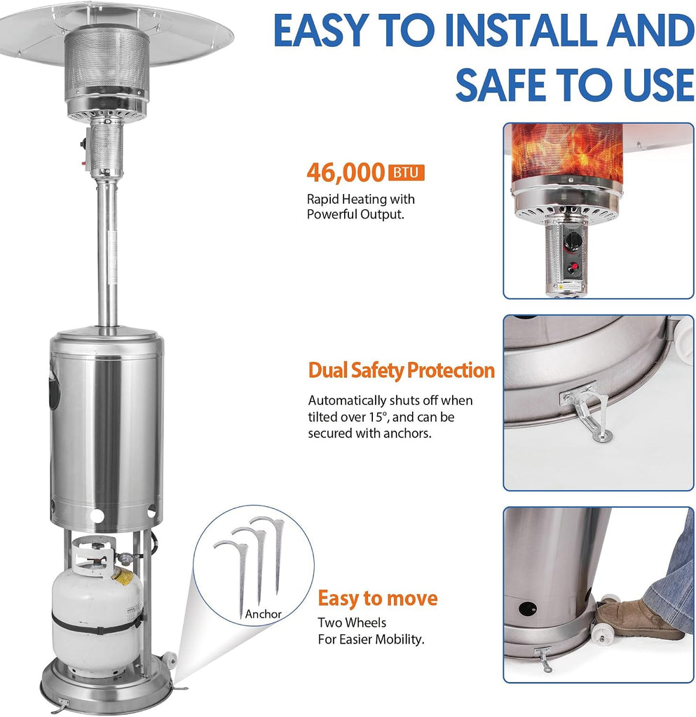Propane Patio Heater 46,000 BTU with Stainless Steel Design and Wheels Ideal for Backyard, Garden
