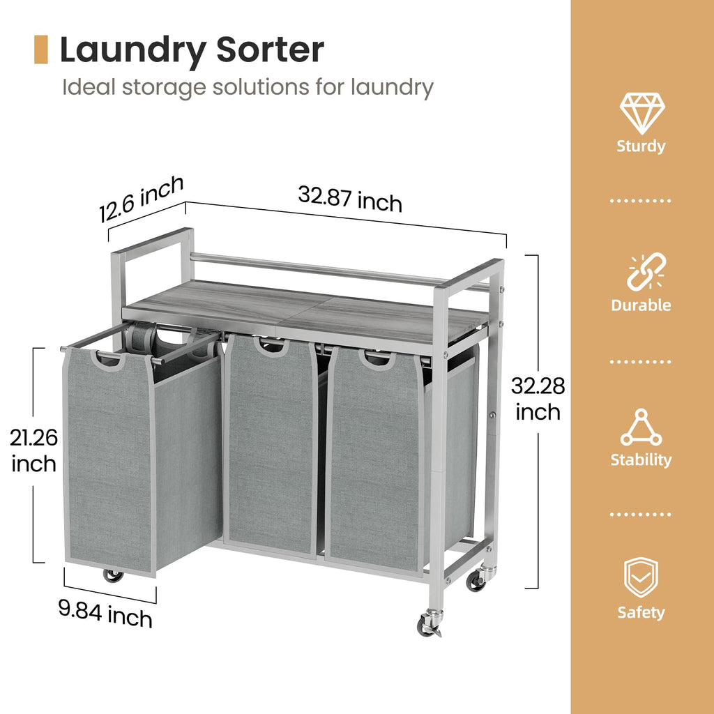 Laundry Sorter, Laundry Hamper 3 Section, 3×11.4Gal, Metal Frame Rolling Laundry Basket with Wooden Top Shelf, Pull