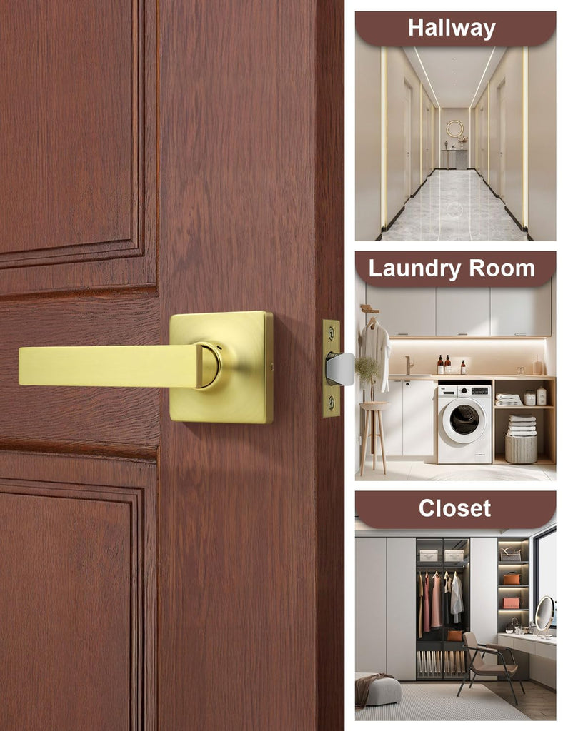 10 Pack Passage Door Levers Gold Finish, No-Locking Keyless Square Door Knob, Interior Door Handles for Closet and