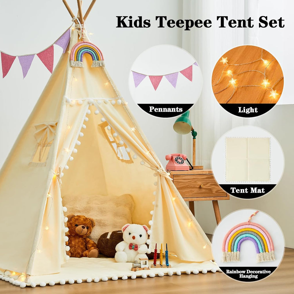 HalloDeer Teepee Tent for Kids with Padded Mat & Star Lights, Cotton Canvas Foldable Kids Teepee Indoor Outdoor