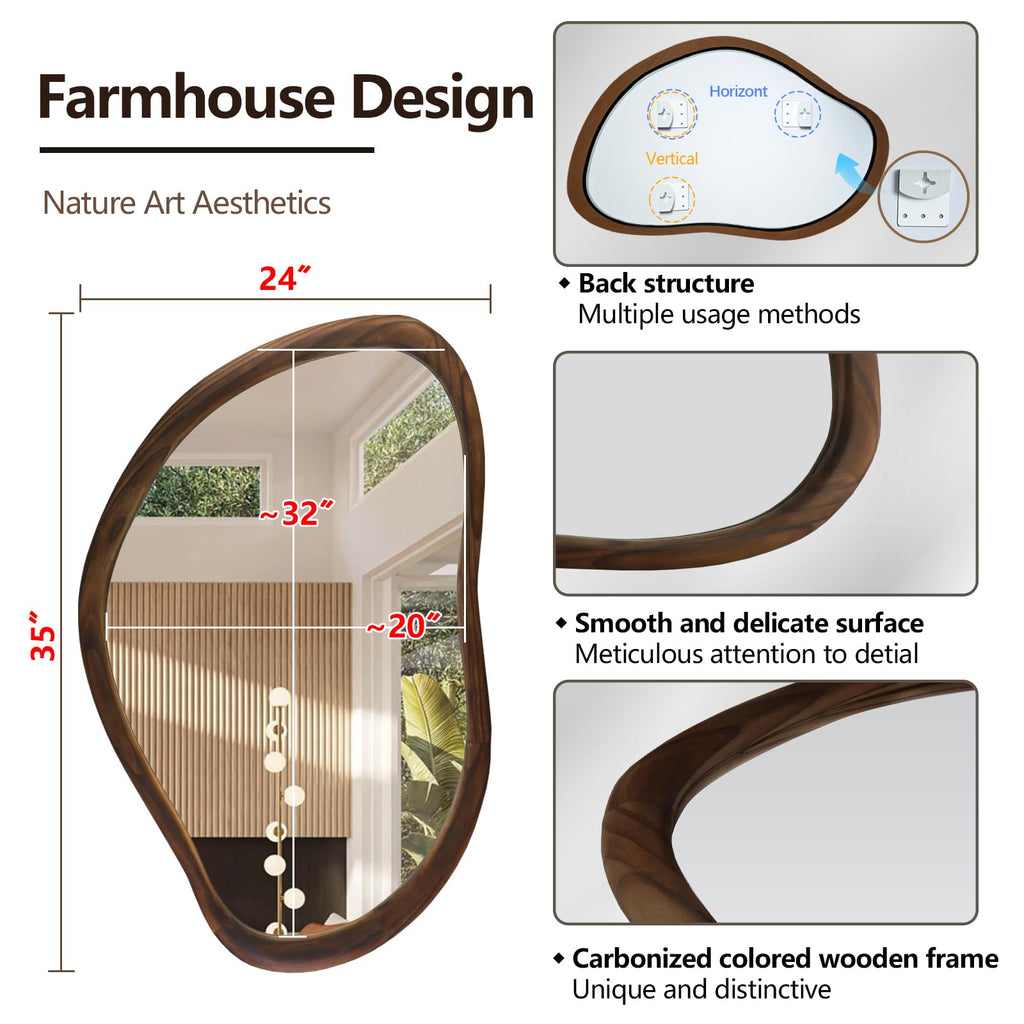 35"x24" Irregular Wall Mirror, Dark Walnut Wood Bathroom Mirror