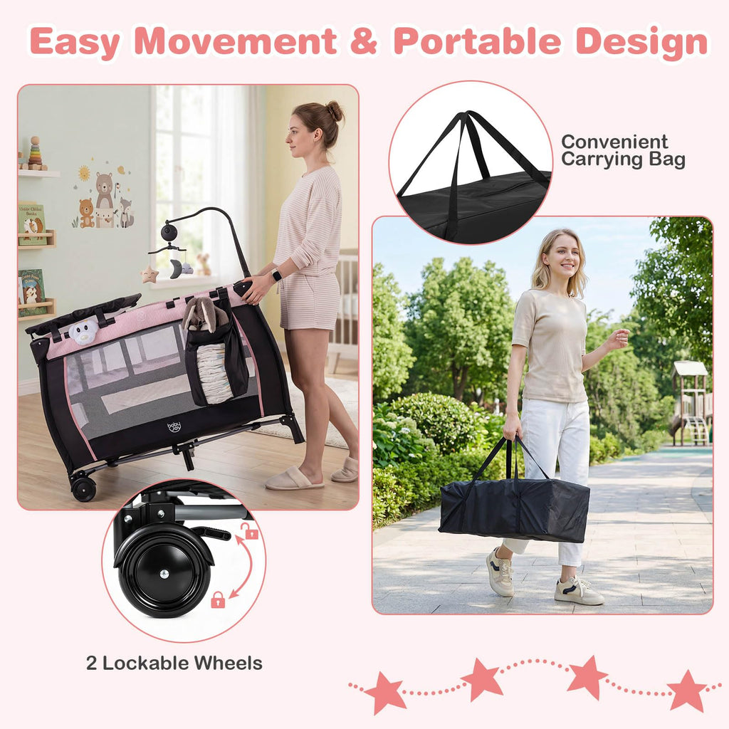 3 in 1 Play Yard, Portable Baby Playard w/Bassinet
