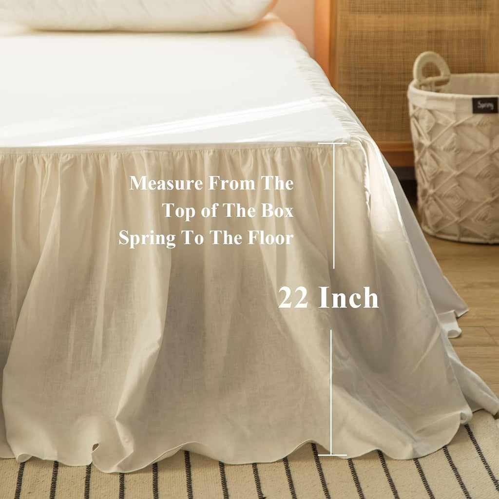 French Linen Bed Skirt with Pleated Frills 22-Inch Tailored Drop Natural Flax Cotton Blend Dust Ruffle Soft Cozy
