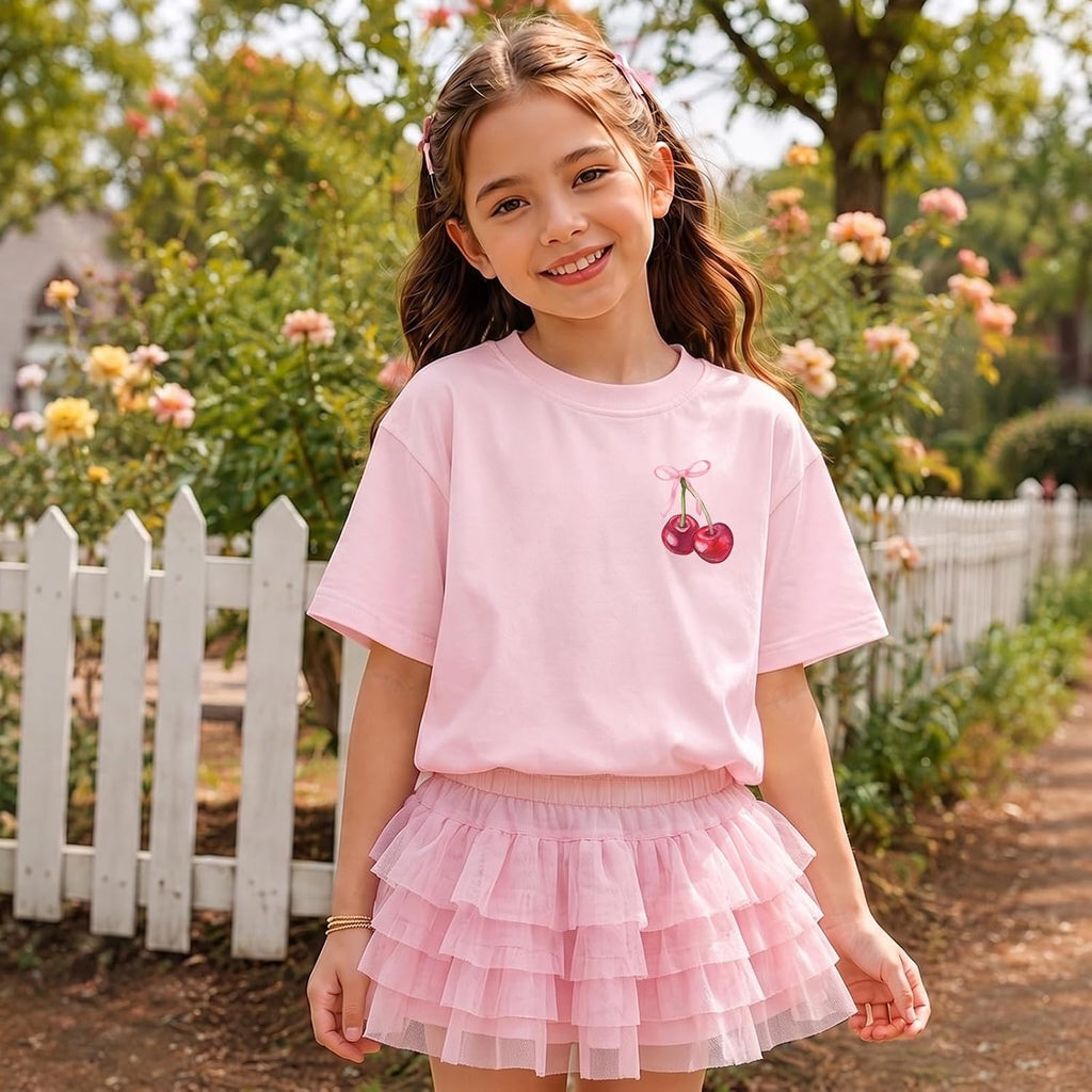 Girls Cute Graphic Tees Kids Bow Cherry Shirt Aesthetic Short Sleeve T Shirts Casual Summer Crew Neck Top Clothes