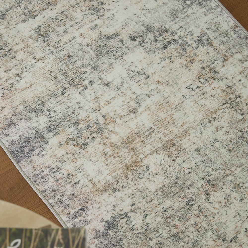 Grey Beige Runner Rug, Washable Carpet