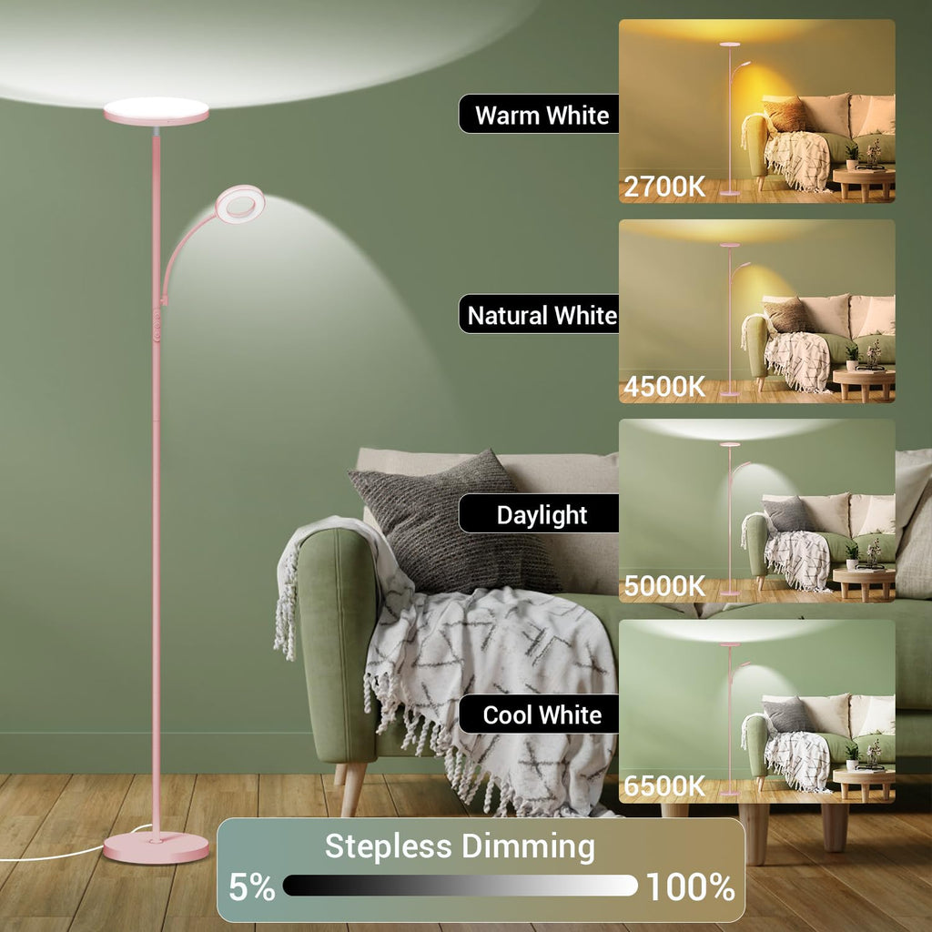 Pink Floor Lamp, 42W Super Bright LED Room Lamp with Adjustable Reading Light, Dimmable Modern Standing Lamp