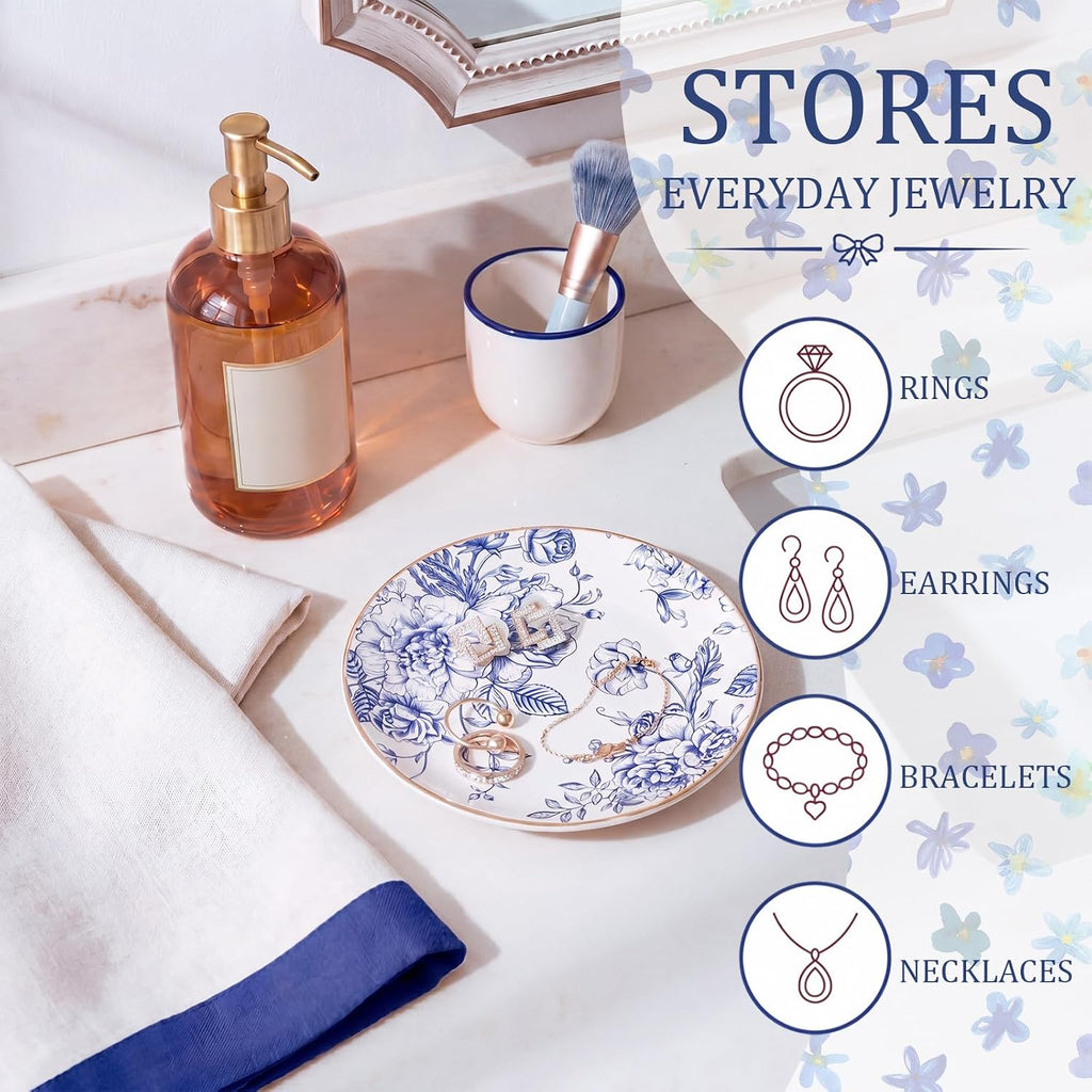 Floral Ceramic Jewelry Tray Ring Holder Trinket Dish for Rings Earrings Necklaces Tray Gift for Women Girls (Blue)